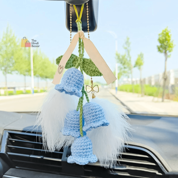 RAMONI Pink Bellflower Hand-Woven Car Pendant – Elegant Feather Bluebell Flower Decoration for Everyday Use