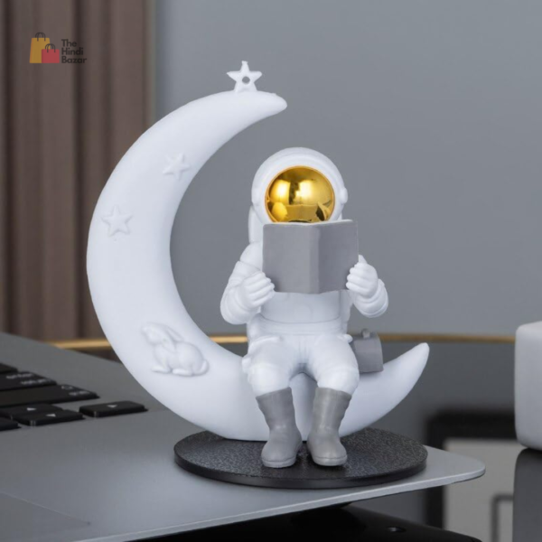 Astronaut Figurine Showpiece for Home Décor Idols for Office Desk Table Astronaut Toy for Car Dashboard, Statue for Gift Gifting Items Birthday Decoration (Reading on Moon - Golden), Space - Image 2