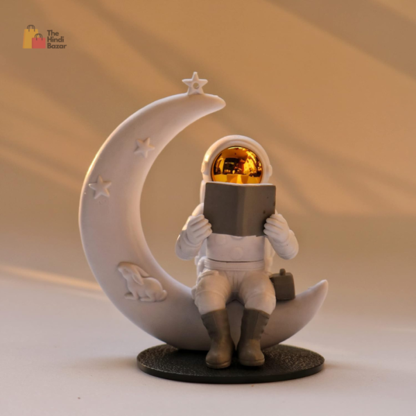 Astronaut Figurine Showpiece for Home Décor Idols for Office Desk Table Astronaut Toy for Car Dashboard, Statue for Gift Gifting Items Birthday Decoration (Reading on Moon - Golden), Space - Image 3