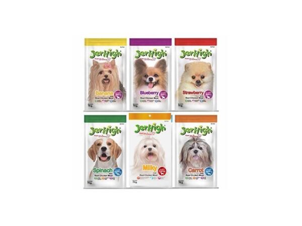 JerHigh Real Chicken Food Treat Spinach, Blueberry, Carrot, Strawberry, Milk, Banana Flavor 6 Pack Combo Set 70G for Dogs , All Life Stages